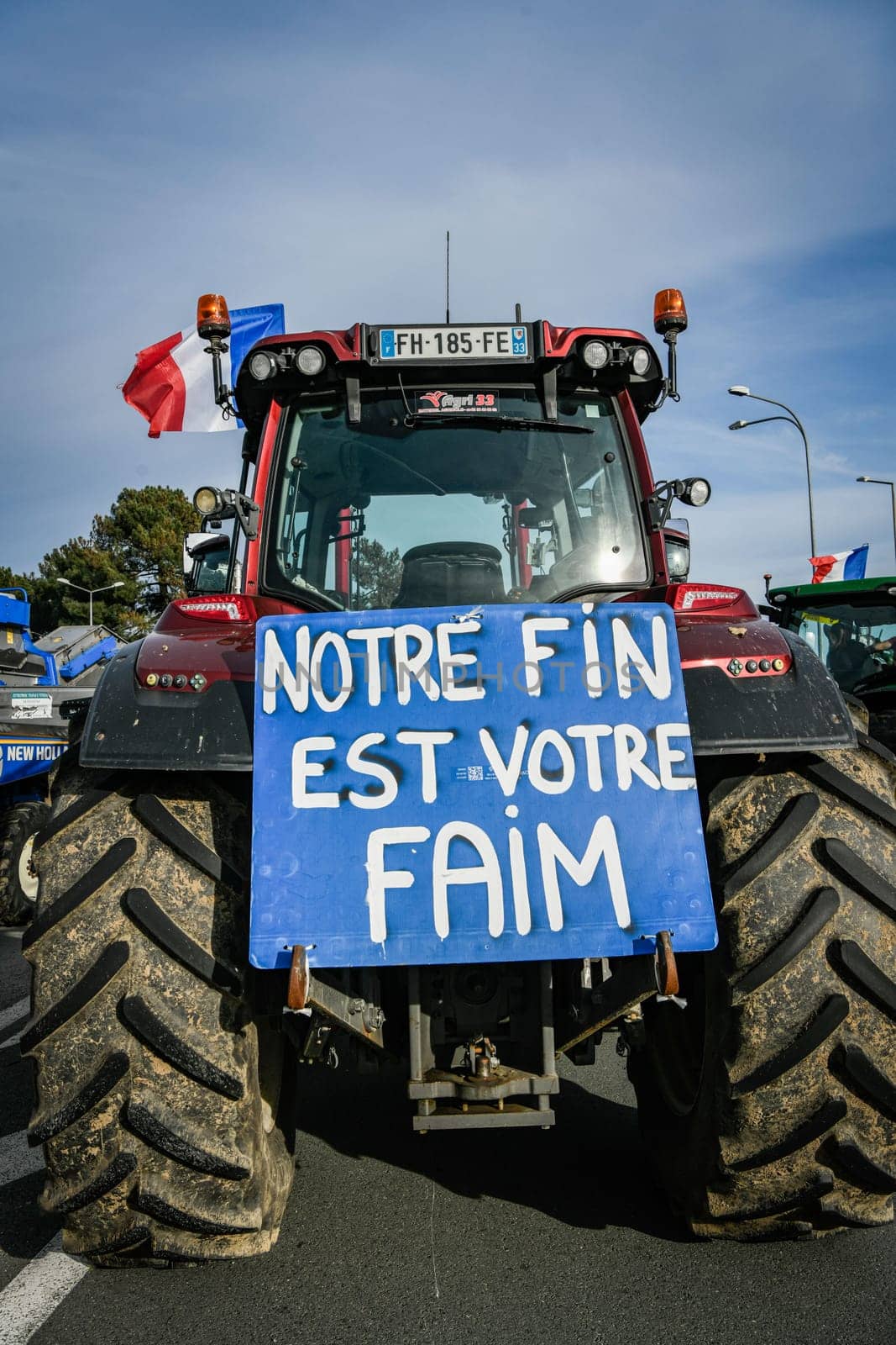 France, Bordeaux, 29 January 2024, Farmers' demonstration, blockade of the Langon toll plaza and snail mail operation on the A62 motorway. High quality 4k footage