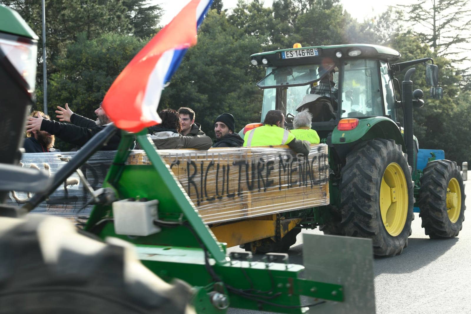 France, Bordeaux, 29 January 2024, Farmers' demonstration, blockade of the Langon toll plaza and snail mail operation on the A62 motorway. High quality 4k footage