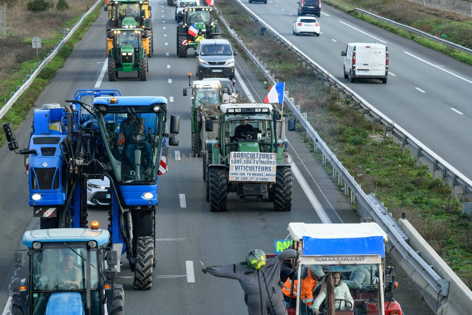 France, Bordeaux, 29 January 2024, Farmers' demonstration, blockade of the Langon toll plaza and snail mail operation on the A62 motorway. High quality 4k footage