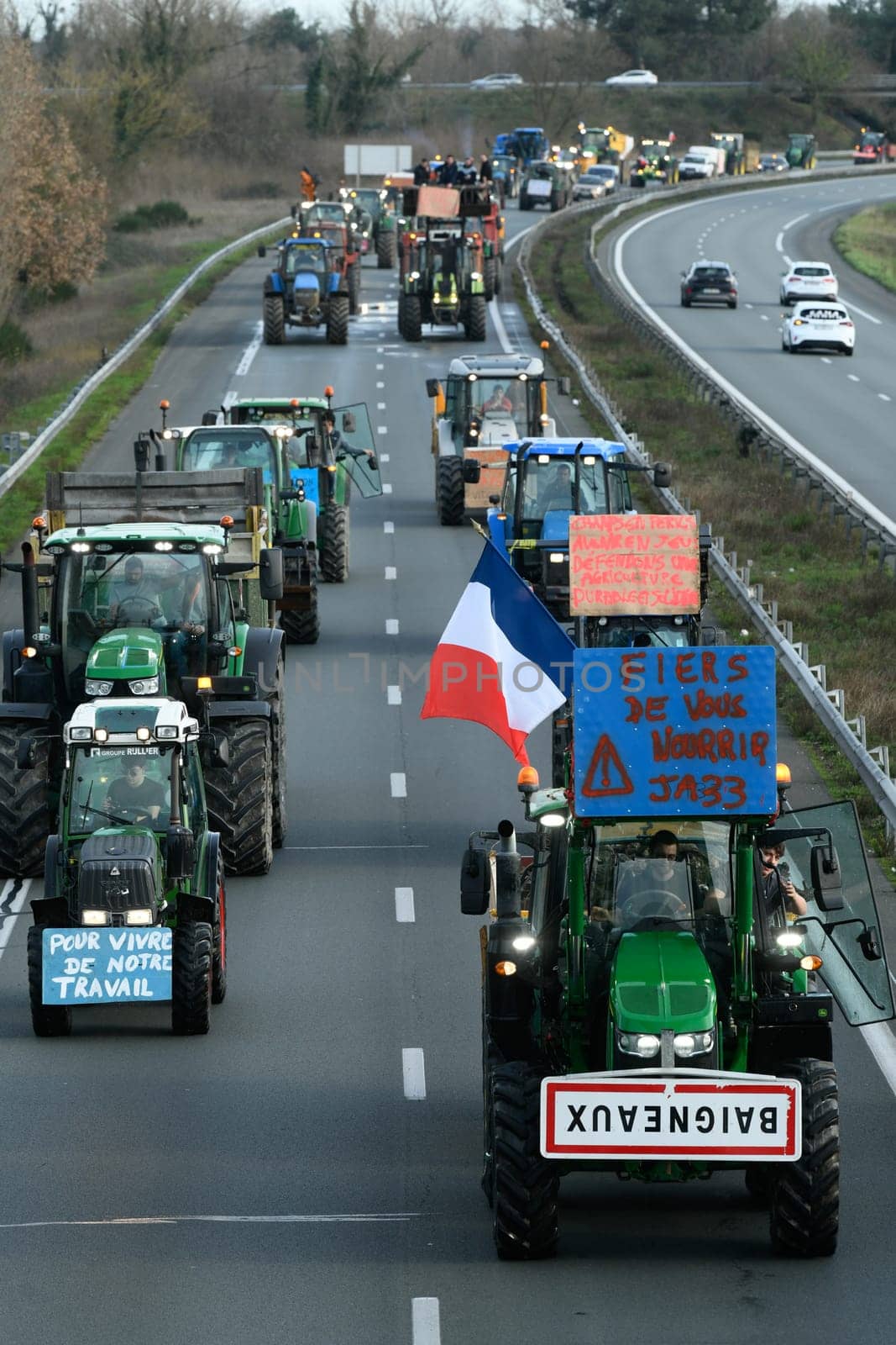 France, Bordeaux, 29 January 2024, Farmers' demonstration, blockade of the Langon toll plaza and snail mail operation on the A62 motorway. High quality 4k footage