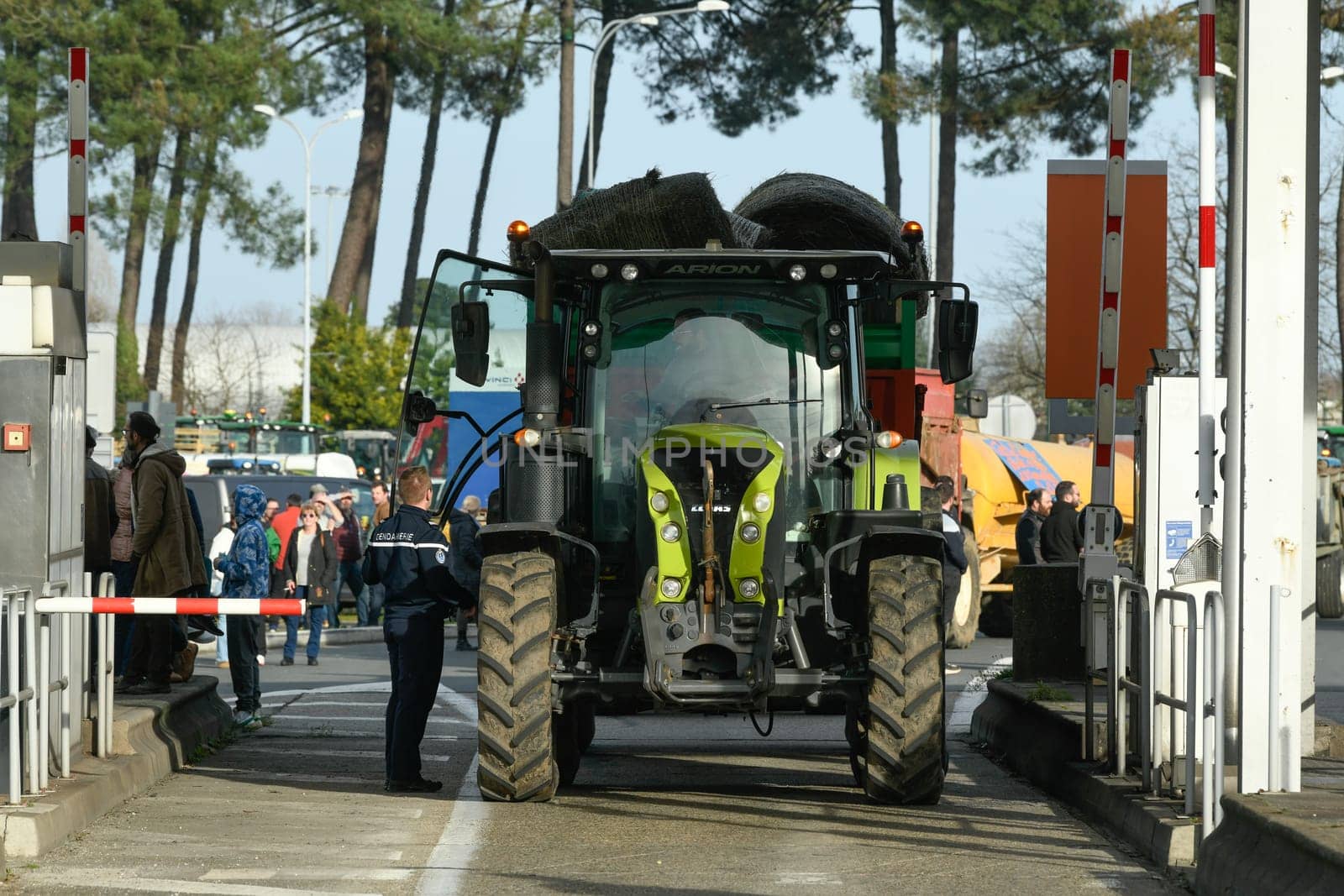 France, Bordeaux, 29 January 2024, Farmers' demonstration, blockade of the Langon toll plaza and snail mail operation on the A62 motorway. High quality 4k footage