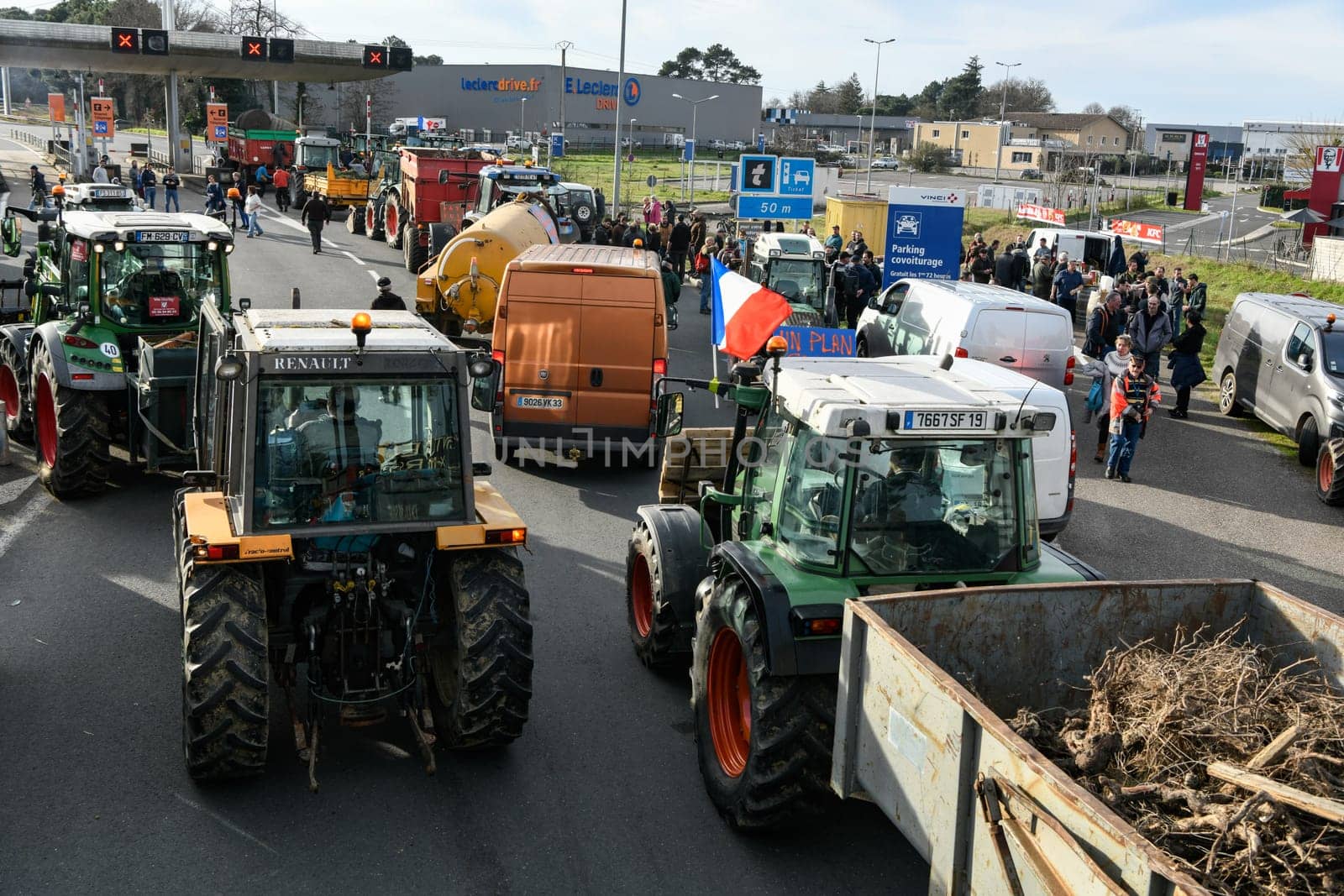 France, Bordeaux, 29 January 2024, Farmers' demonstration, blockade of the Langon toll plaza and snail mail operation on the A62 motorway. High quality 4k footage