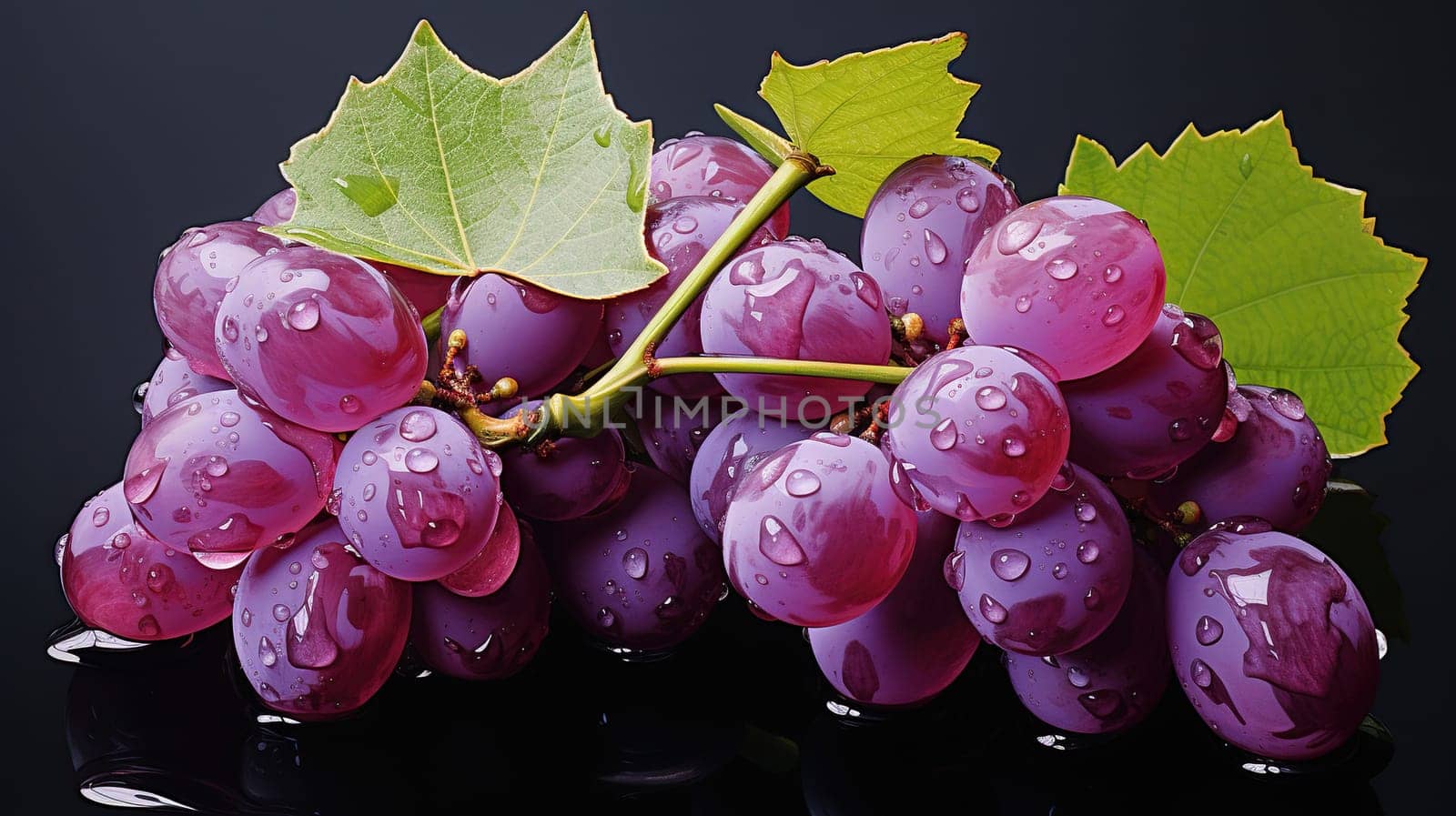 A bunch of large red grapes with leaves and water drops on a dark background.