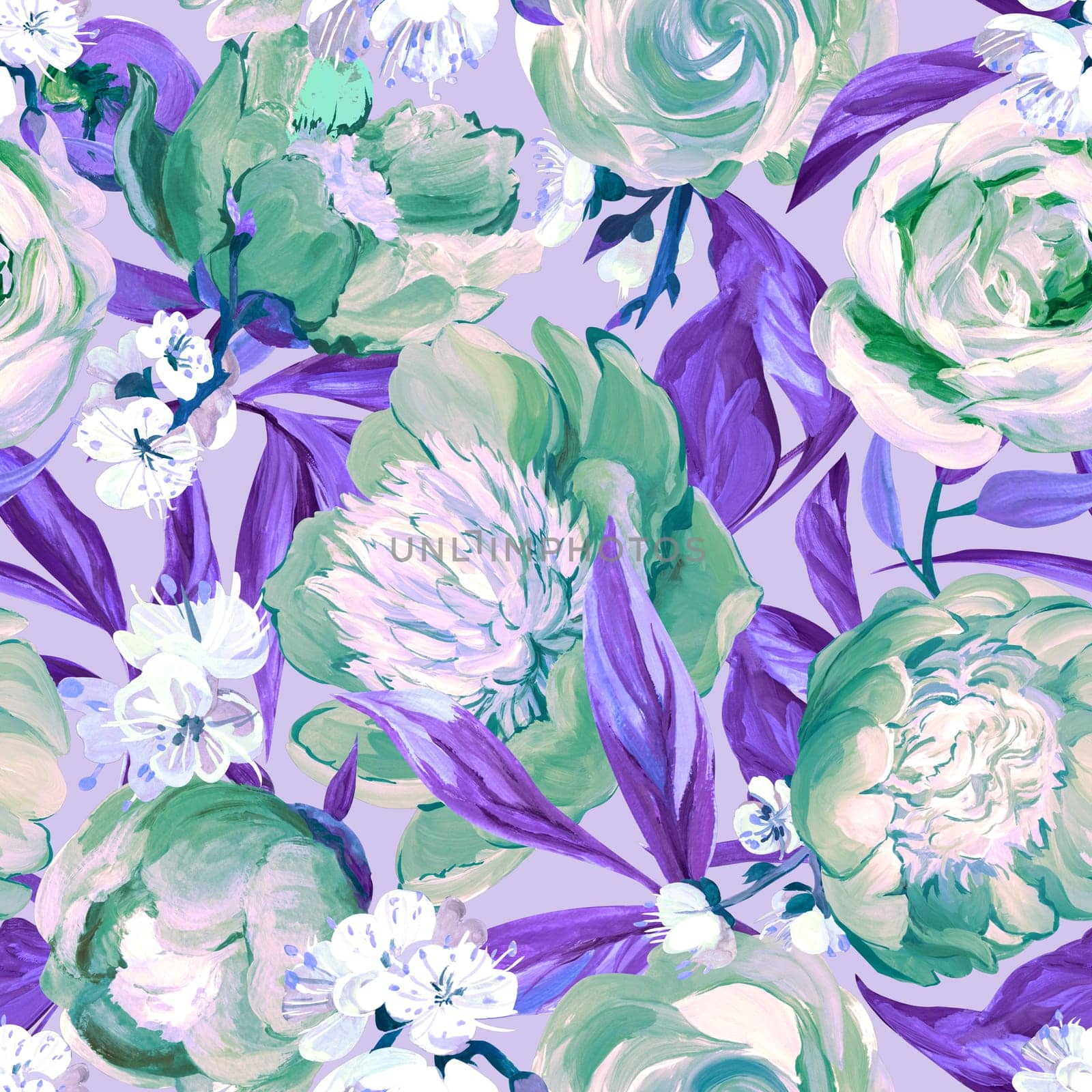 Botanical seamless pattern with peonies and sakura branches drawn in gouache by MarinaVoyush
