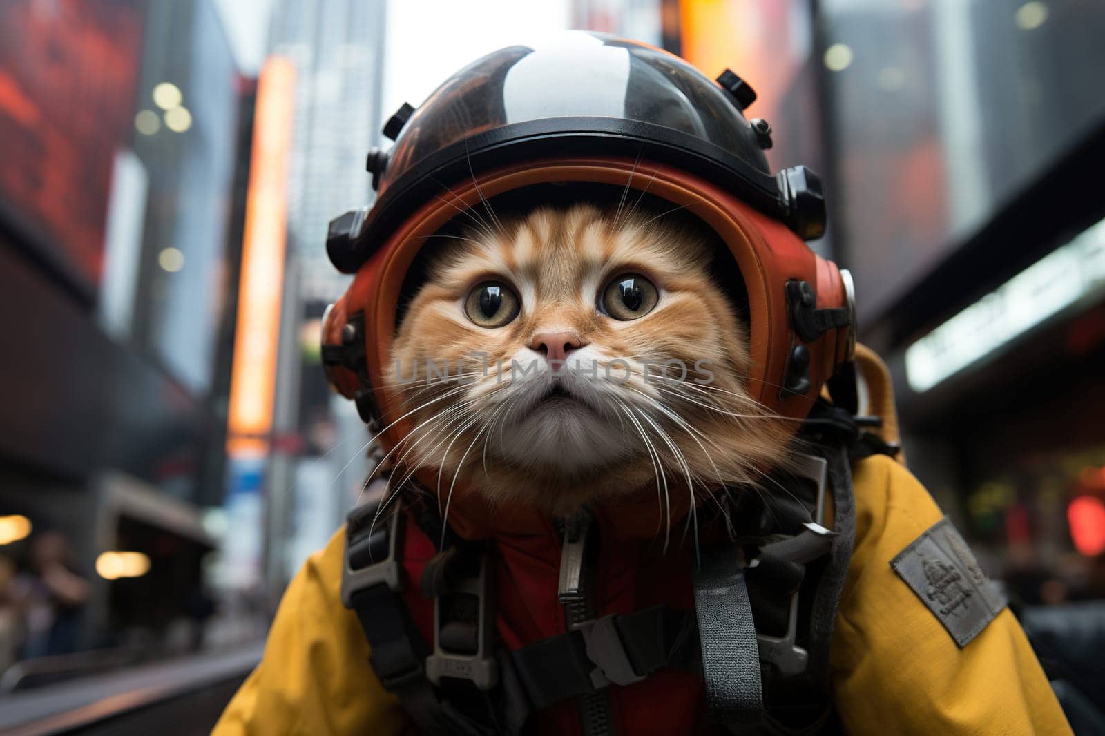 A scared cat in a helmet rides a motorcycle in the city.