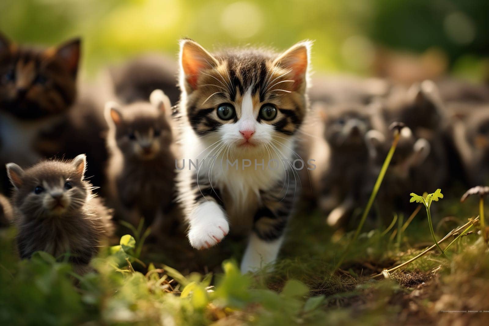 The kitten runs away from the mice.