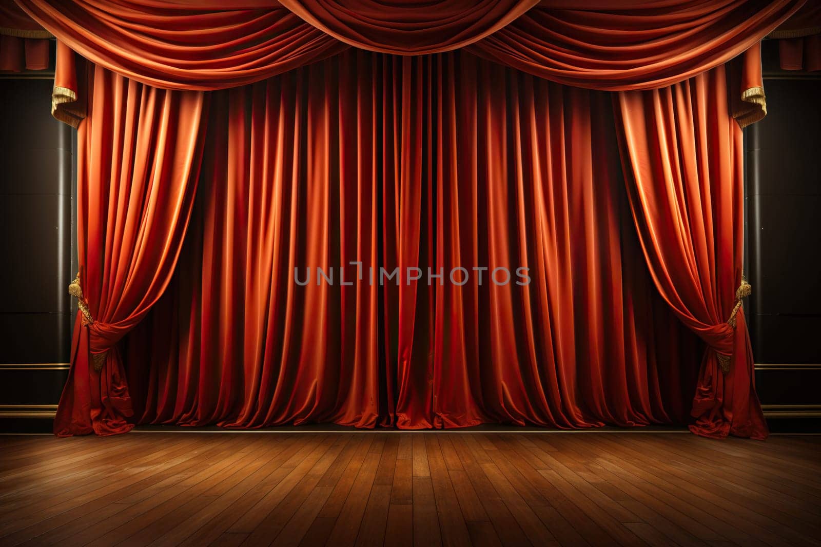 Empty stage with red theater curtain in the rays of spotlights. Concept for performance, show, concert, theater.