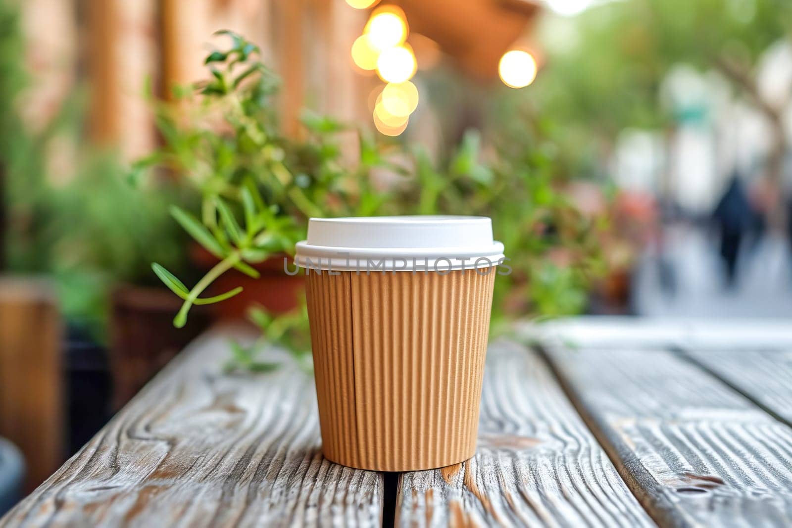 Eco-frendly paper takeaway coffee cup on the table of a sidewalk cafe. AI generated.