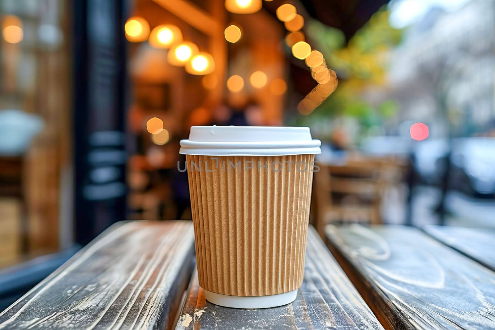 Eco-frendly paper takeaway coffee cup on the table of a sidewalk cafe. AI generated.