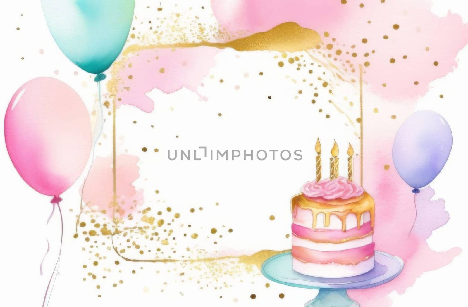 Birthday invitation with balloons and cake with space for text in the middle