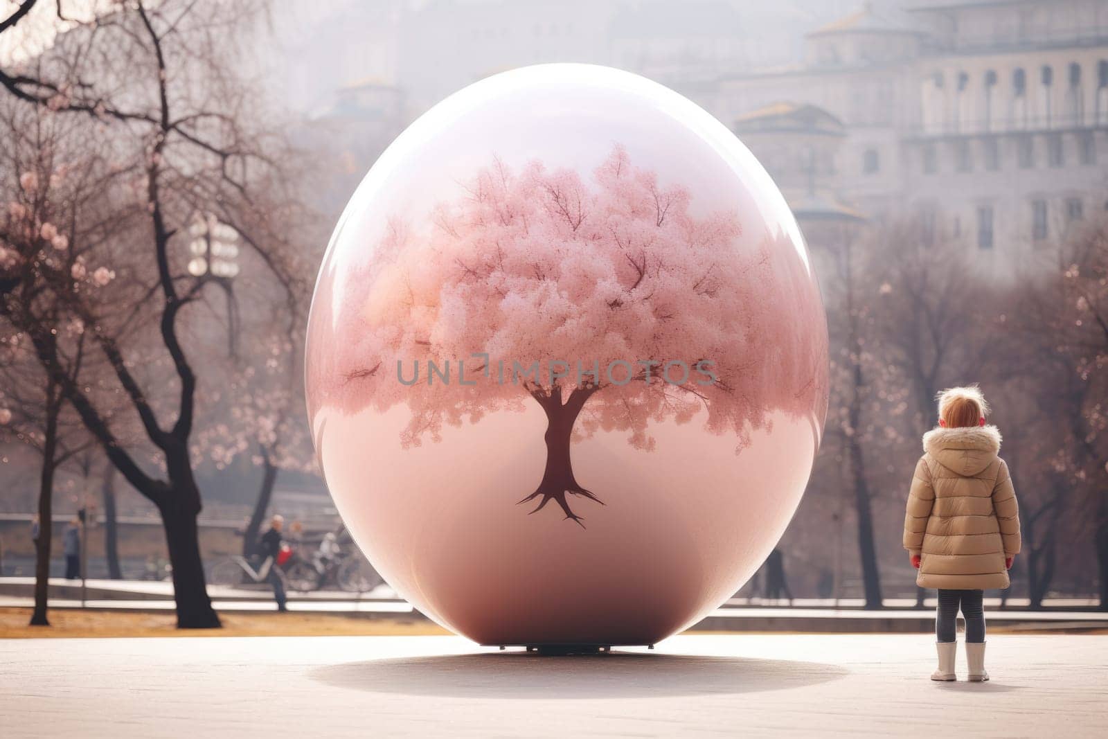 little girl looking at a big egg stands on a street full of flowers, pastel pink colors. ai generated by Desperada