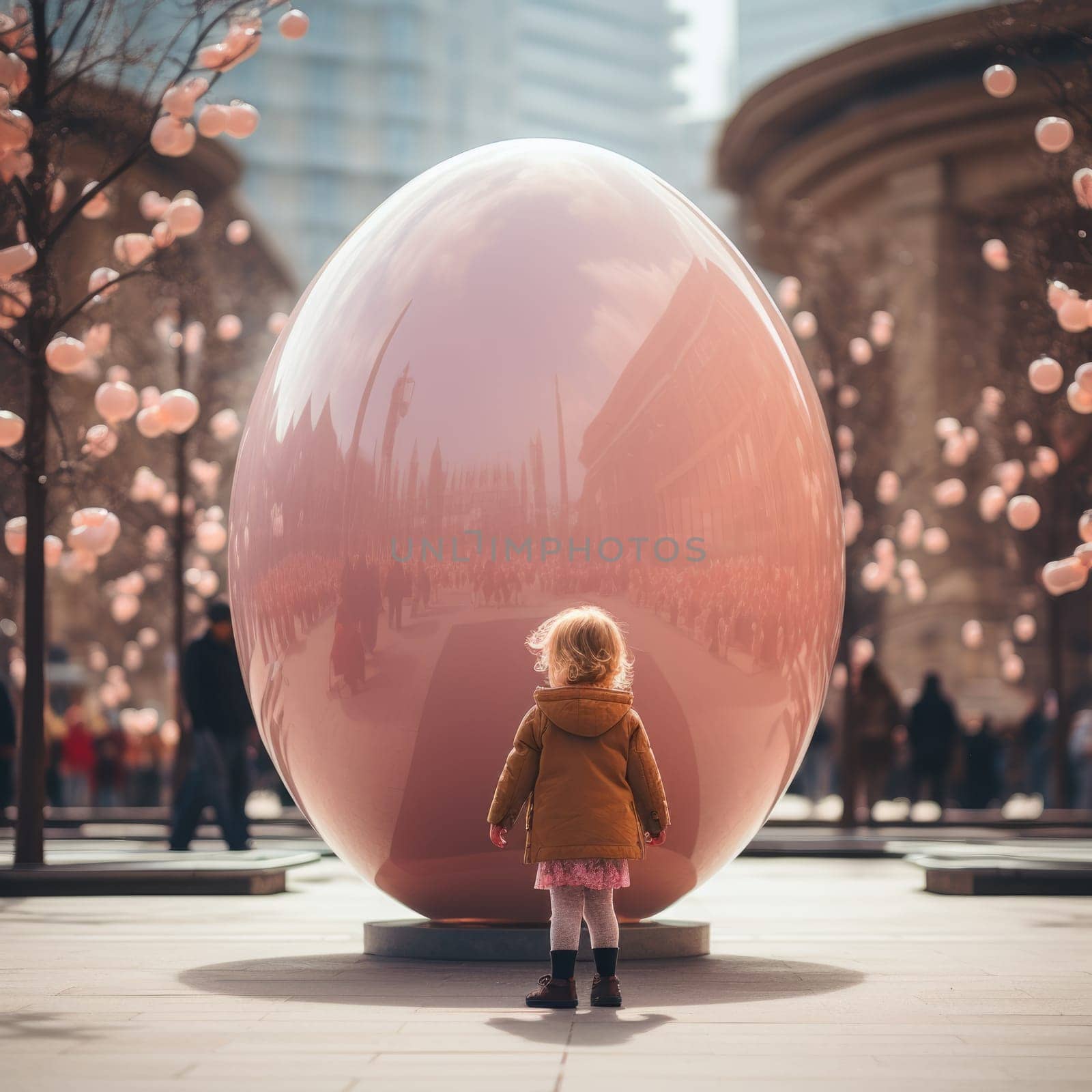 Easter holiday celebration. little girl looking at a big egg stands on a street full of pink flowers, pastel pink colors. ai generated