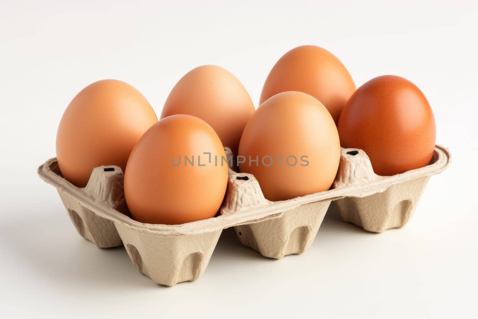Open egg box with ten brown eggs isolated on white background. ai generated