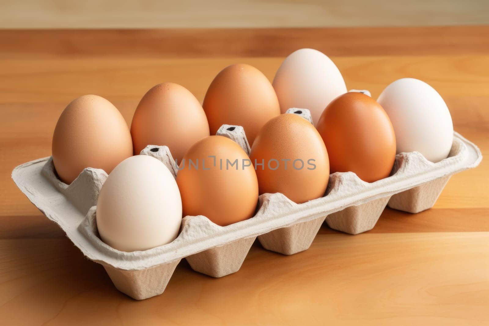 Open egg box with ten brown eggs isolated on wooden background. ai generated