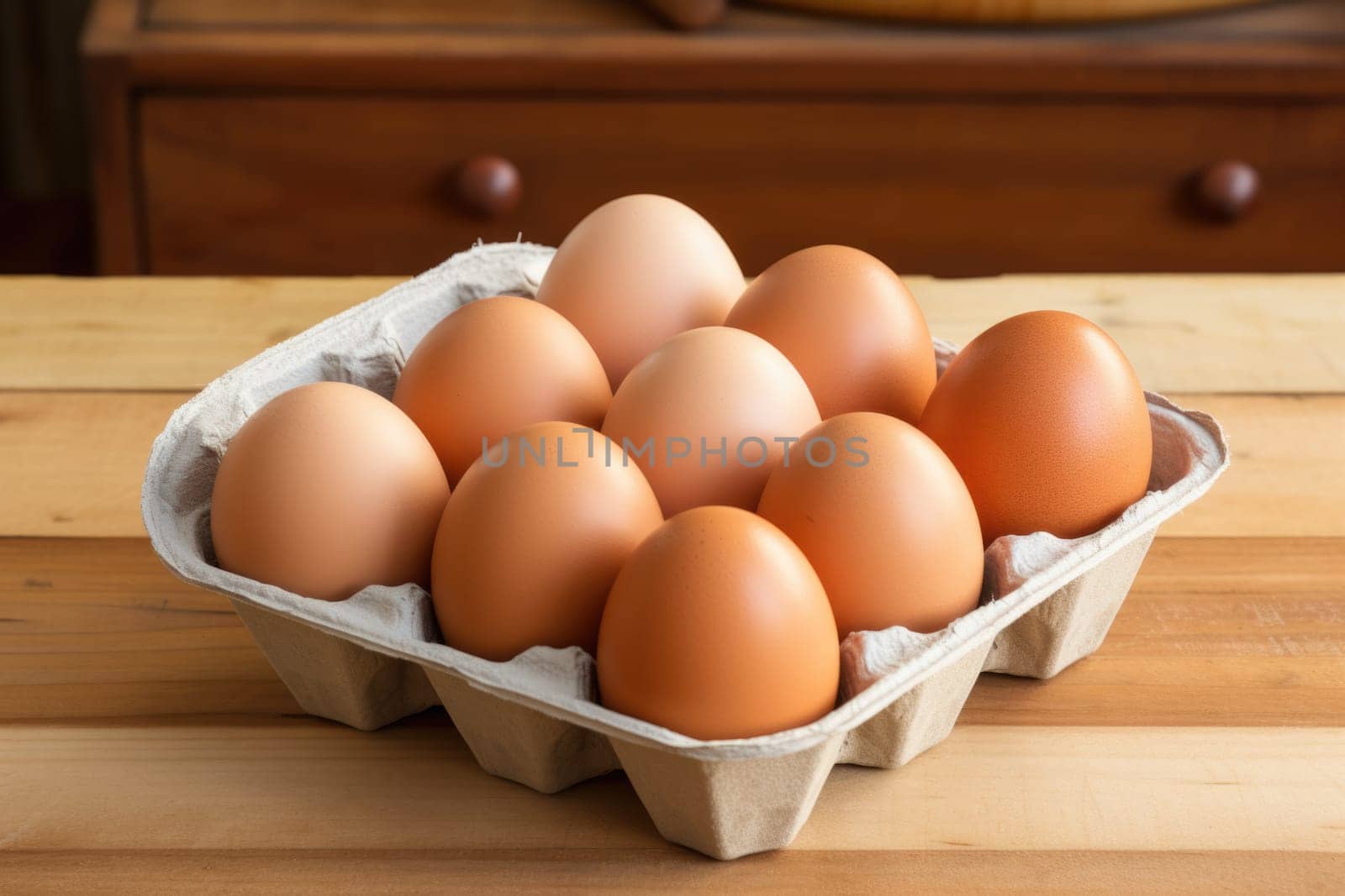 Open egg box with ten brown eggs isolated on wooden background. ai generated