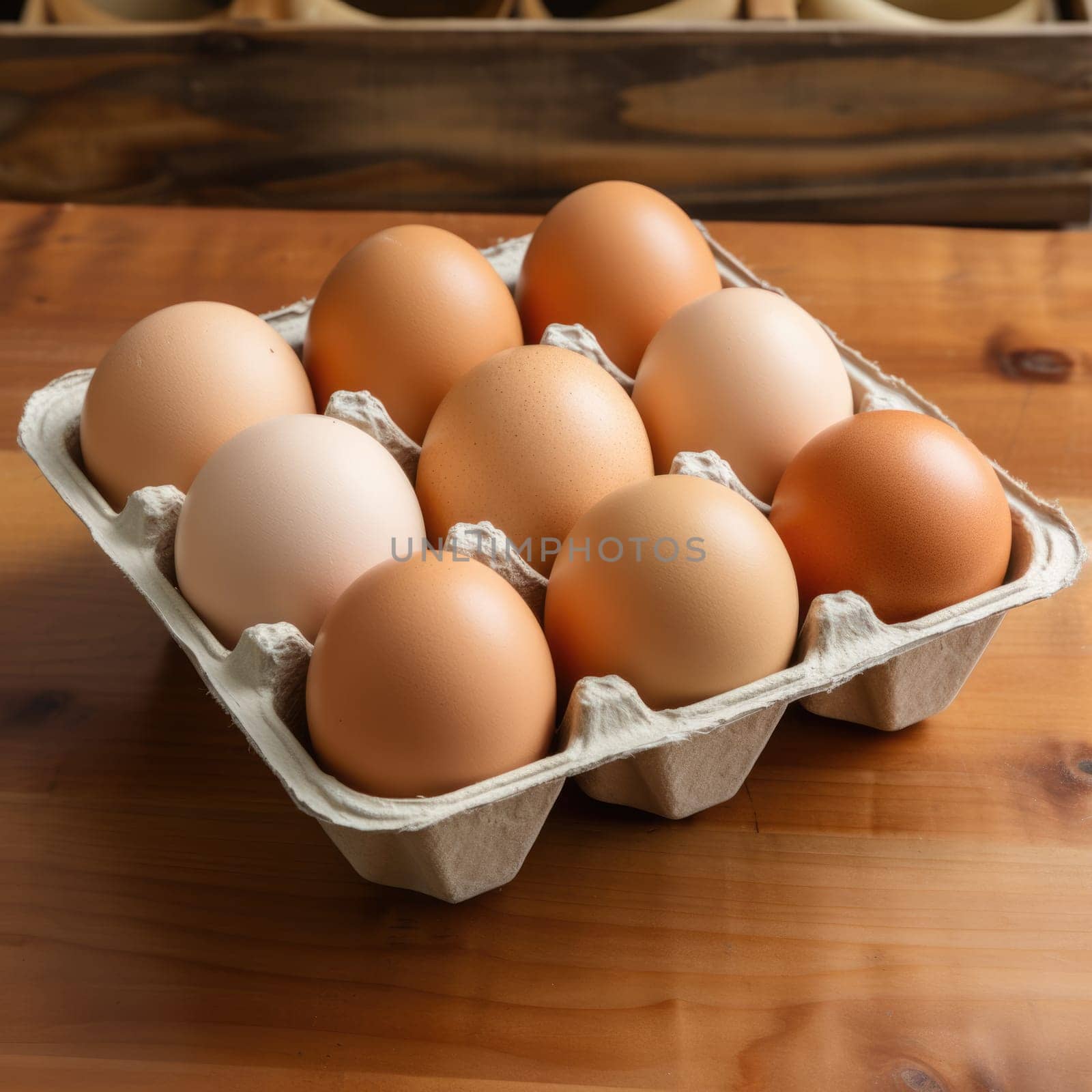 Open egg box isolated on wooden table background. ai generated by Desperada