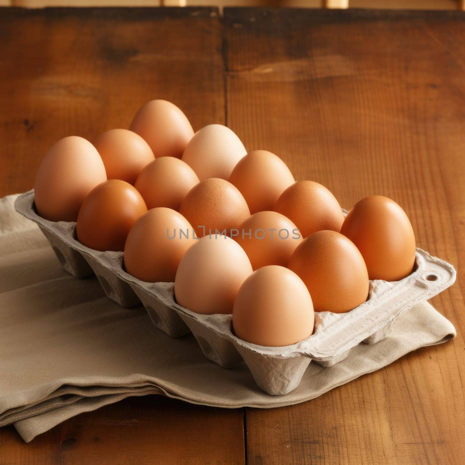 Open egg box with ten brown eggs isolated on wooden background. ai generated