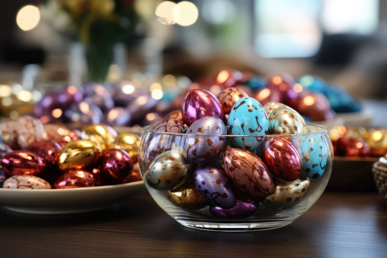 Chocolate eggs in colorful foil for easter. ai generated