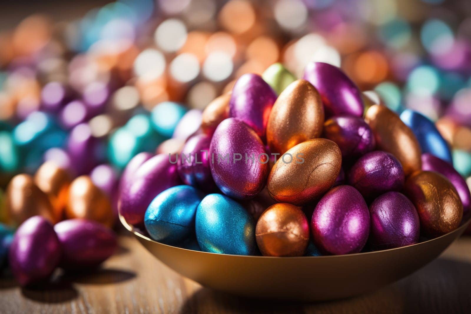 Chocolate eggs in colorful foil for easter. ai generated