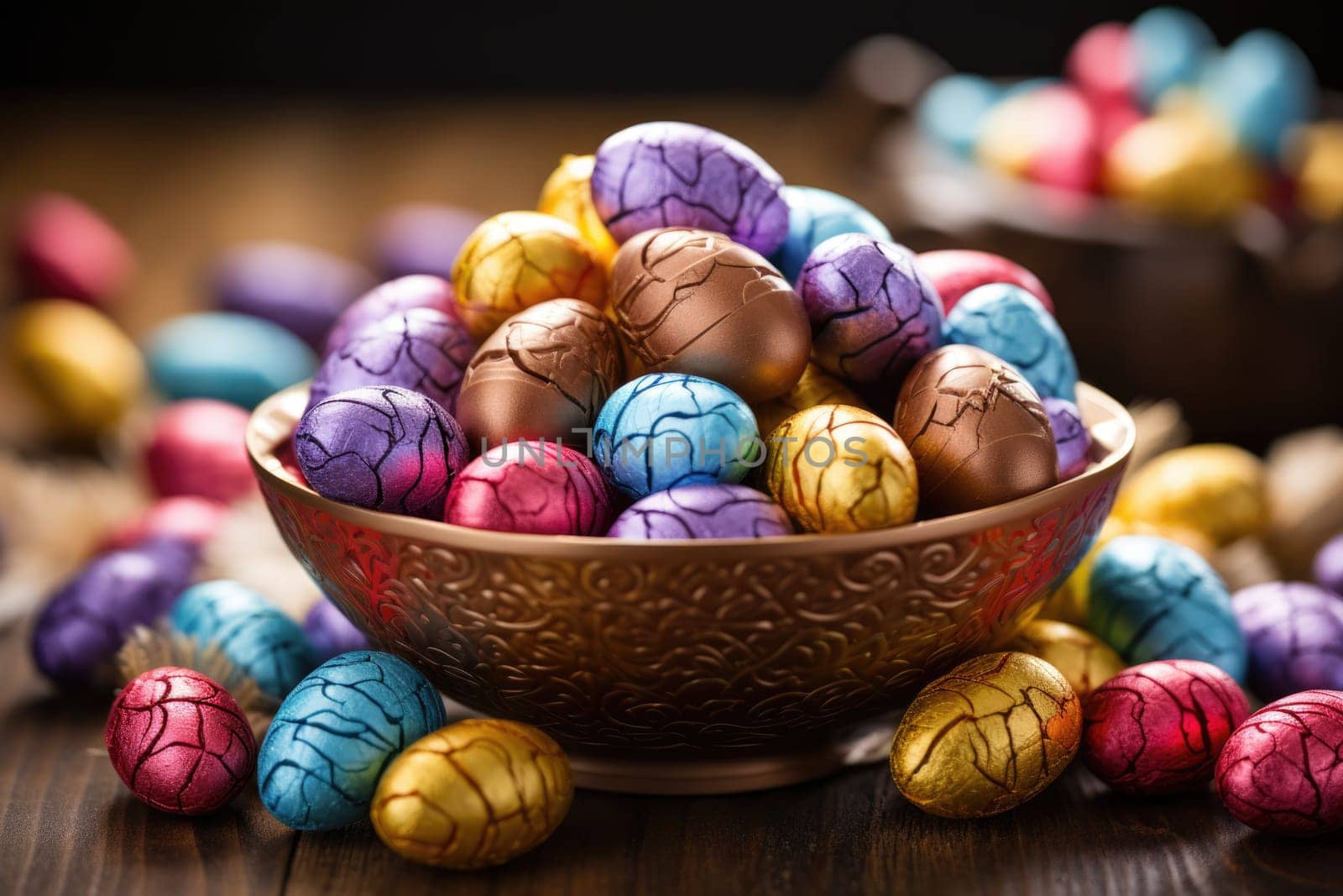 Chocolate eggs in colorful foil for easter. ai generated