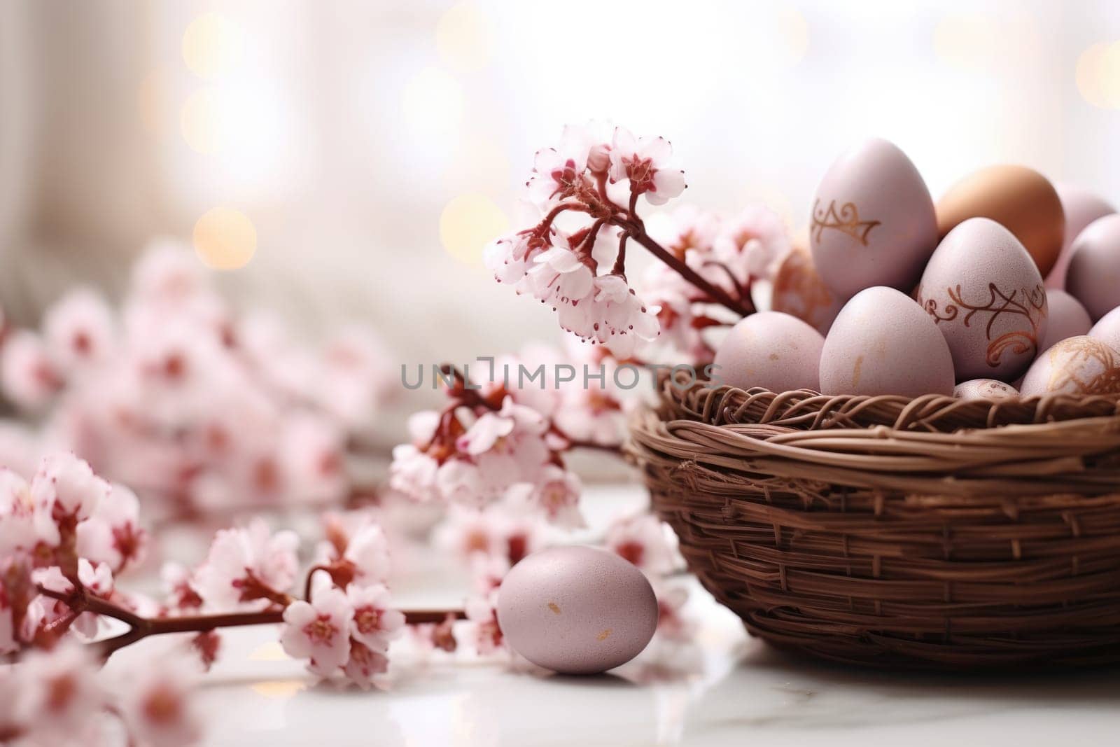 Chocolate eggs and spring flowers on light background. ai generated