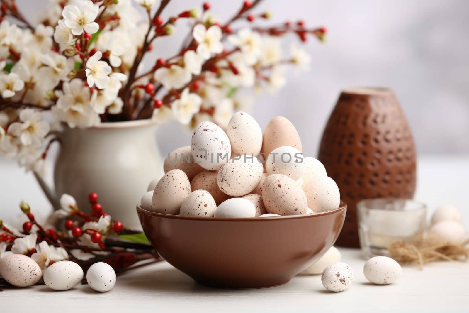 Chocolate eggs and spring flowers on light background. ai generated