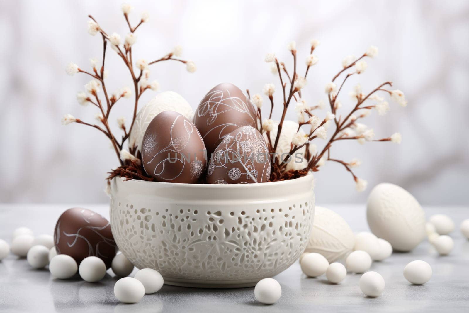 Chocolate eggs and spring flowers on light background. ai generated