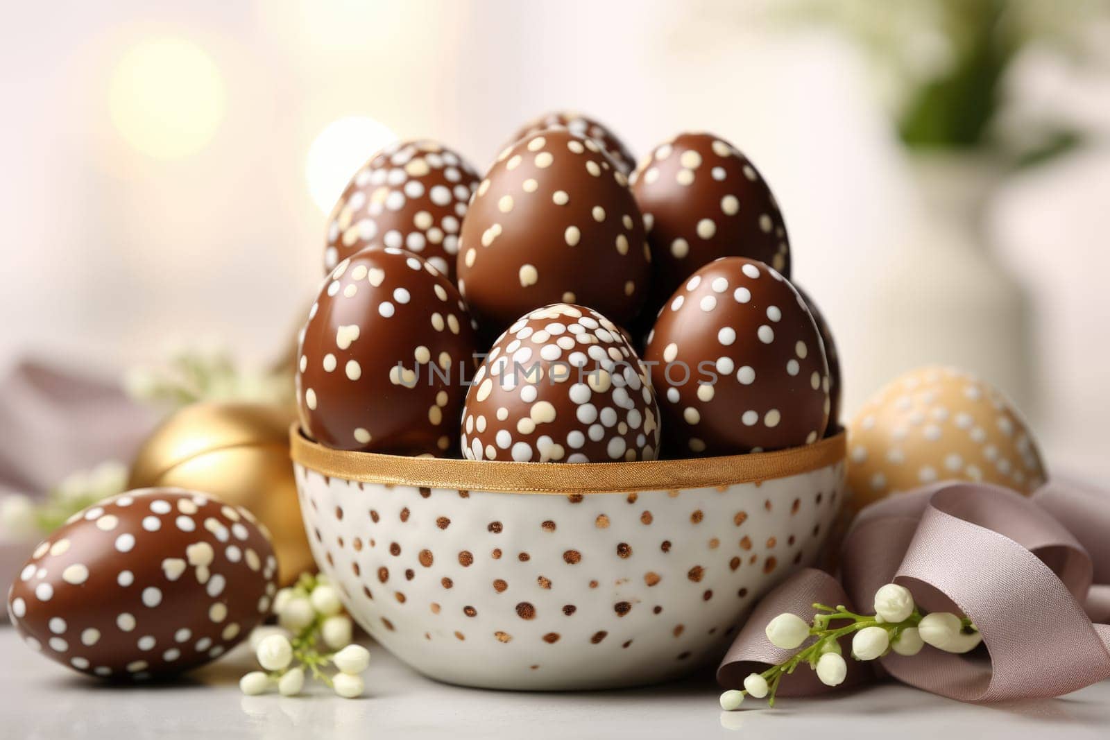 Chocolate eggs and spring flowers on light background. ai generated