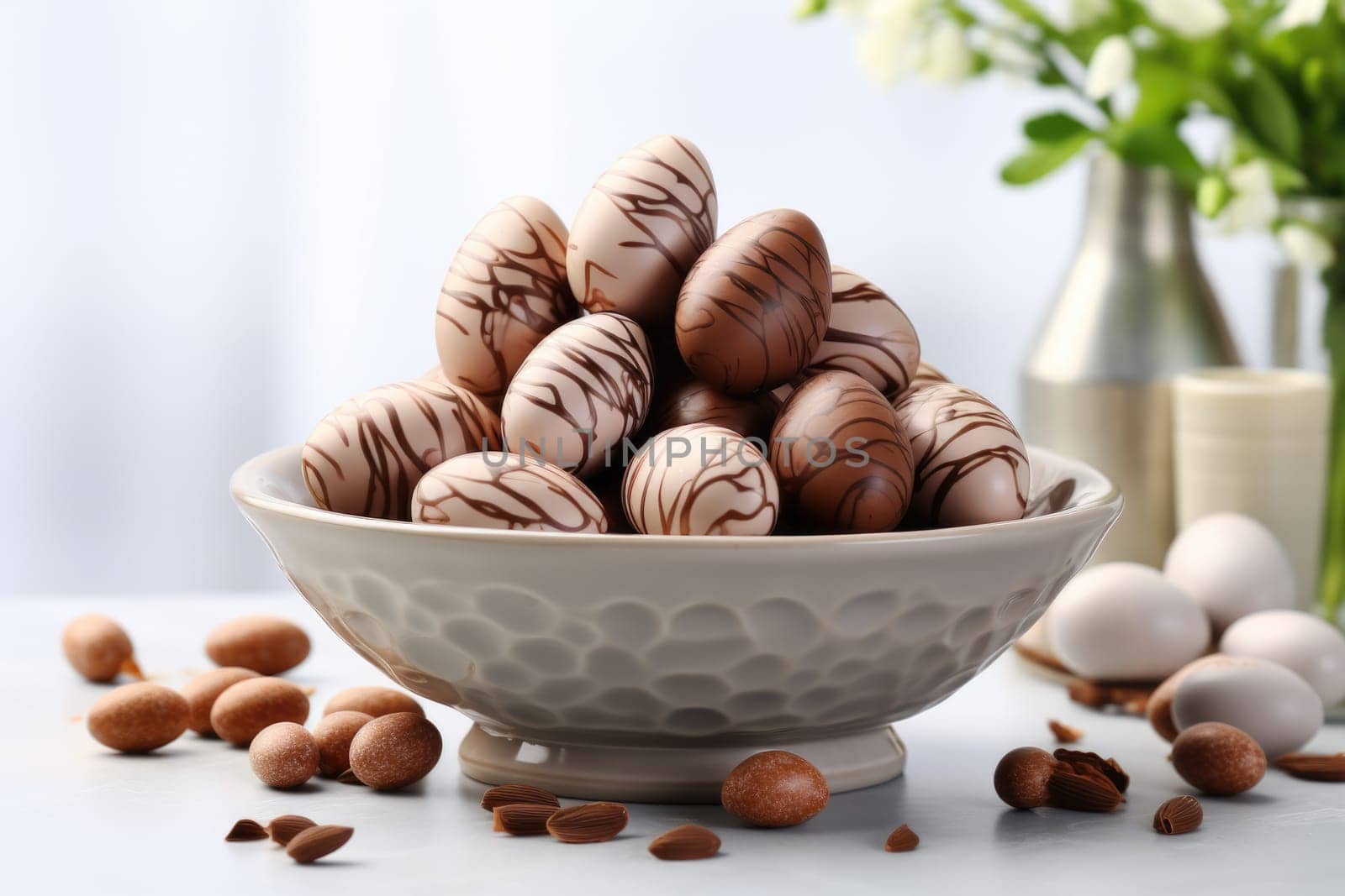 Chocolate eggs and spring flowers on light background. ai generated