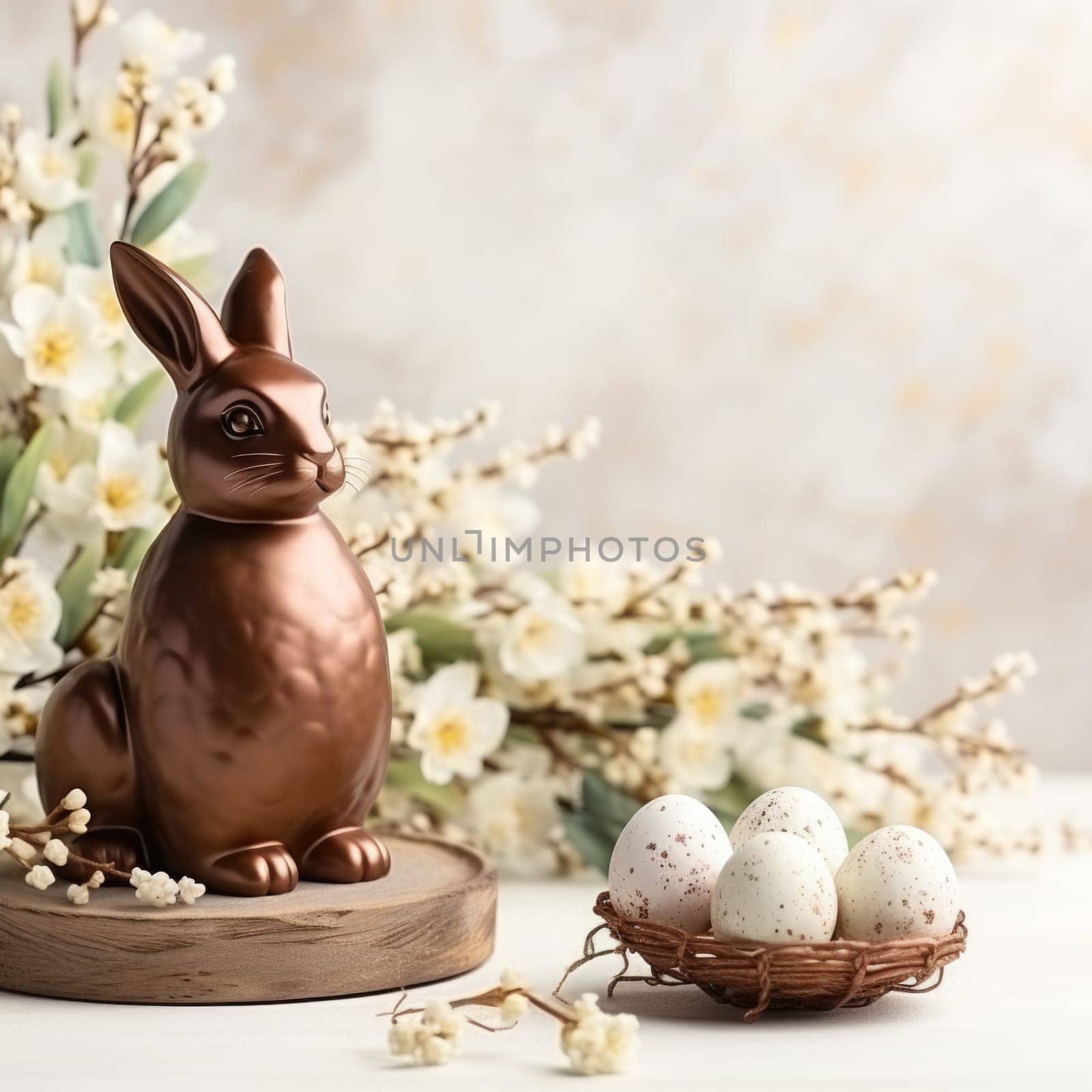 Chocolate eggs, bunny and spring flowers on light background. ai generated by Desperada