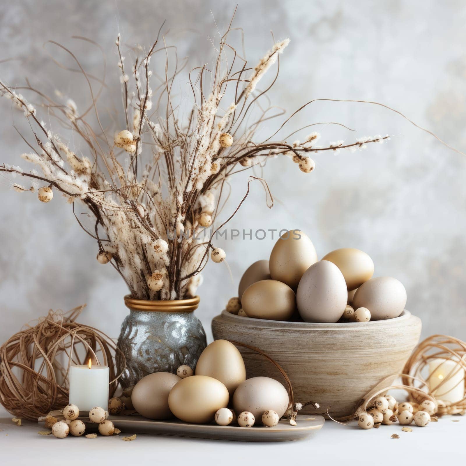 easter eggs, spring willow flowers on light background. ai generated by Desperada