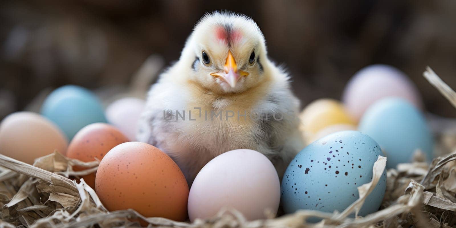 cute easter egger chicken with eggs. ai generated