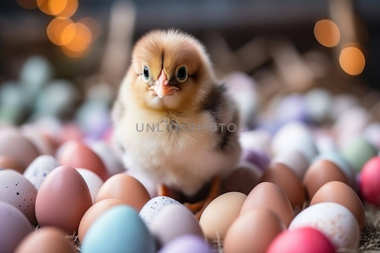 cute easter egger chicken with eggs. ai generated