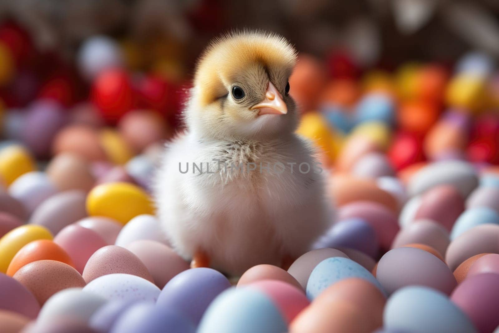 cute easter egger chicken with eggs. ai generated