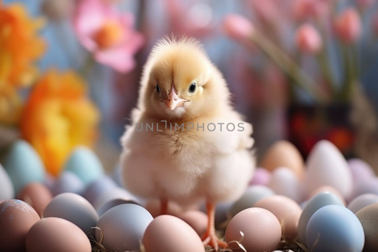 cute easter egger chicken with eggs. ai generated
