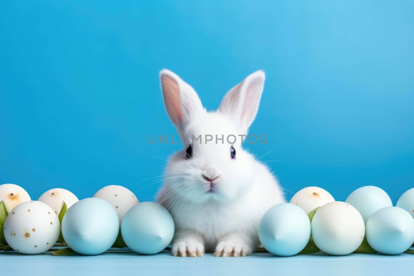 Cute white bunny with Easter eggs on blue background with copy space. ai generated