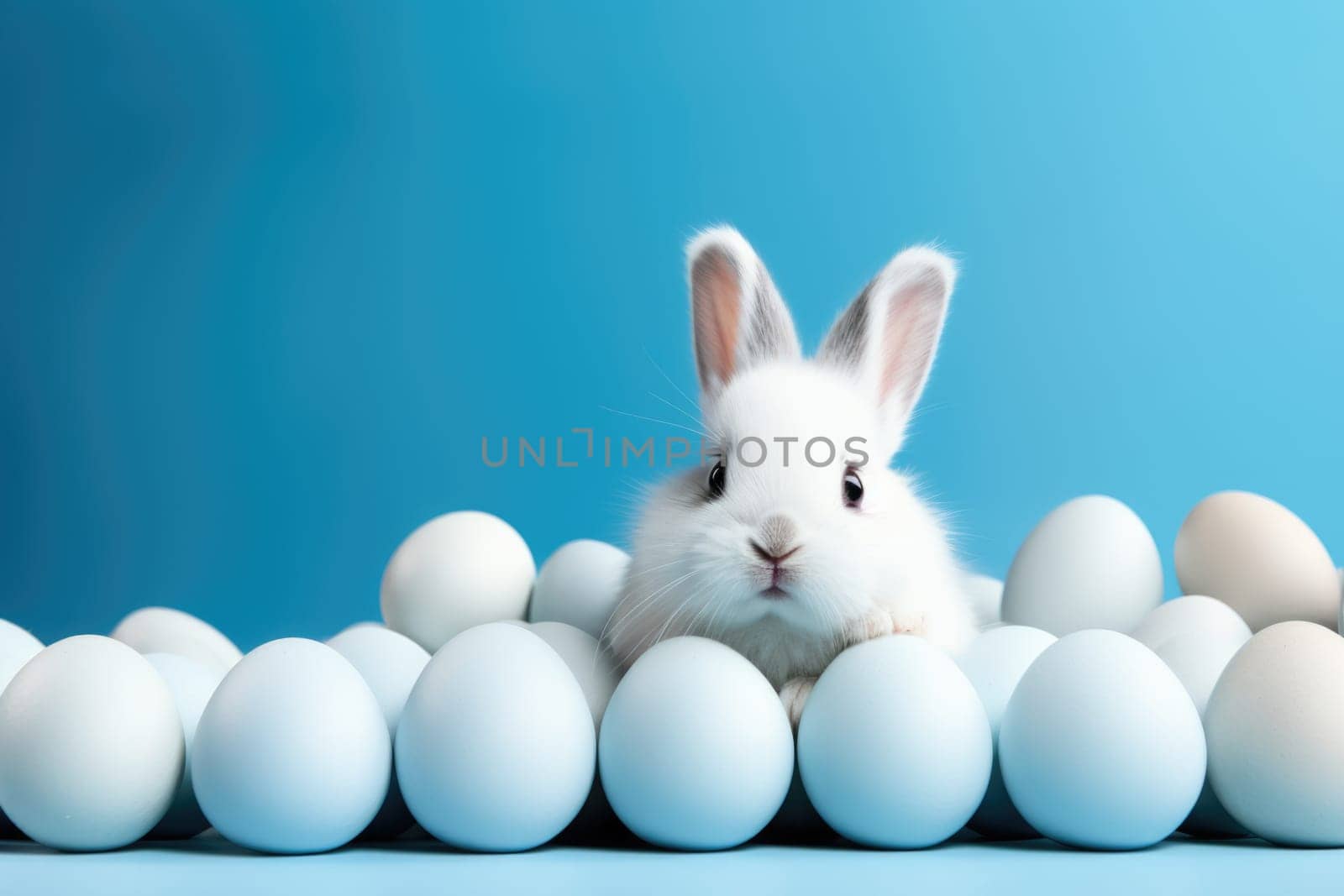 Cute white bunny with Easter eggs on blue background with copy space. ai generated