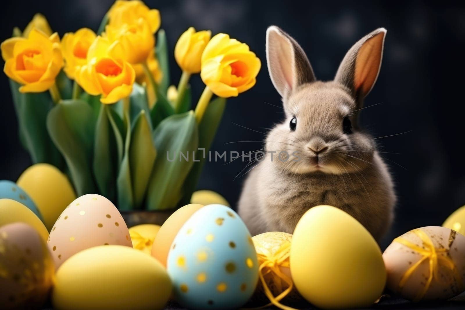 easter bunny with yellow tulips and painted eggs on dark background, ai generated