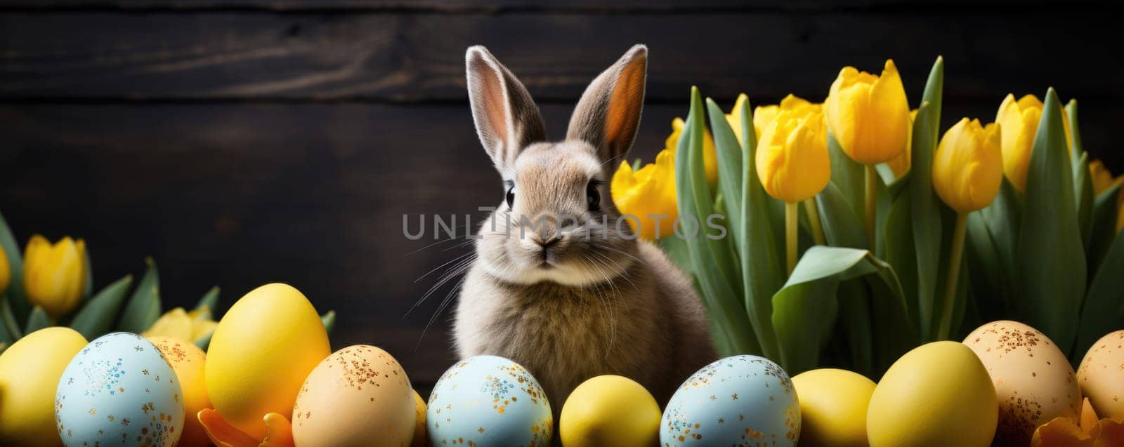 easter bunny with tulips and painted eggs on dark background, ai generated by Desperada