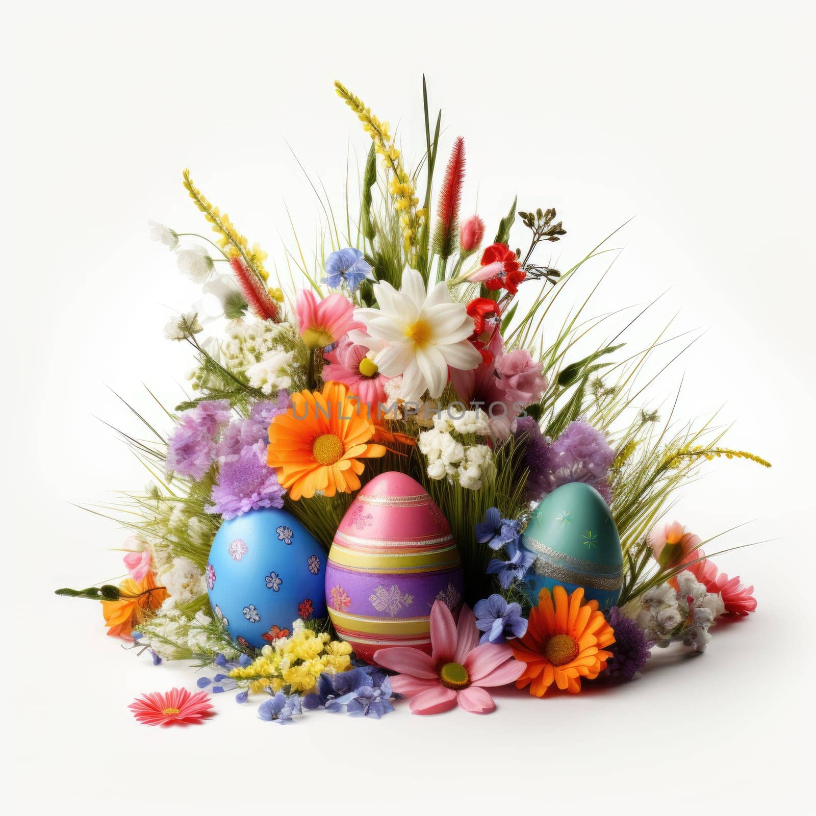 easter flowers with grass and eggs white background. ai generated by Desperada