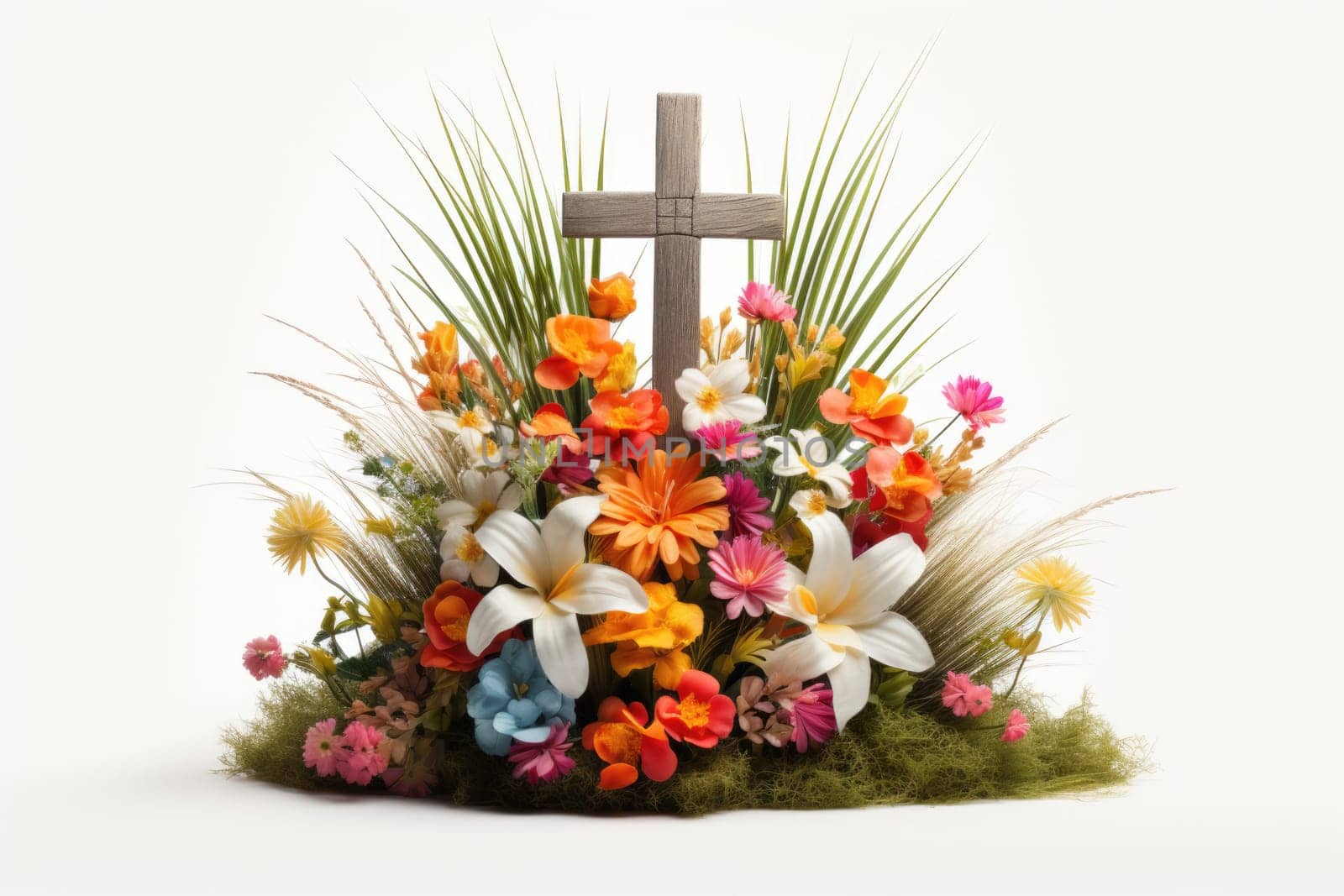 easter Cross with grass and colorfull easter eggs white background. ai generated