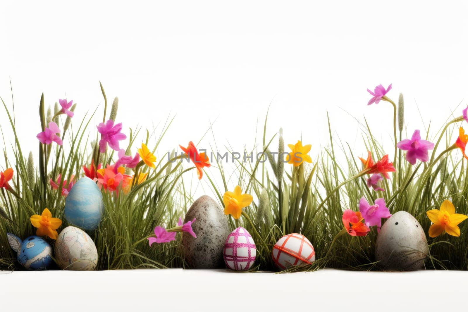 easter flowers with grass and colorfull eggs white background. ai generated
