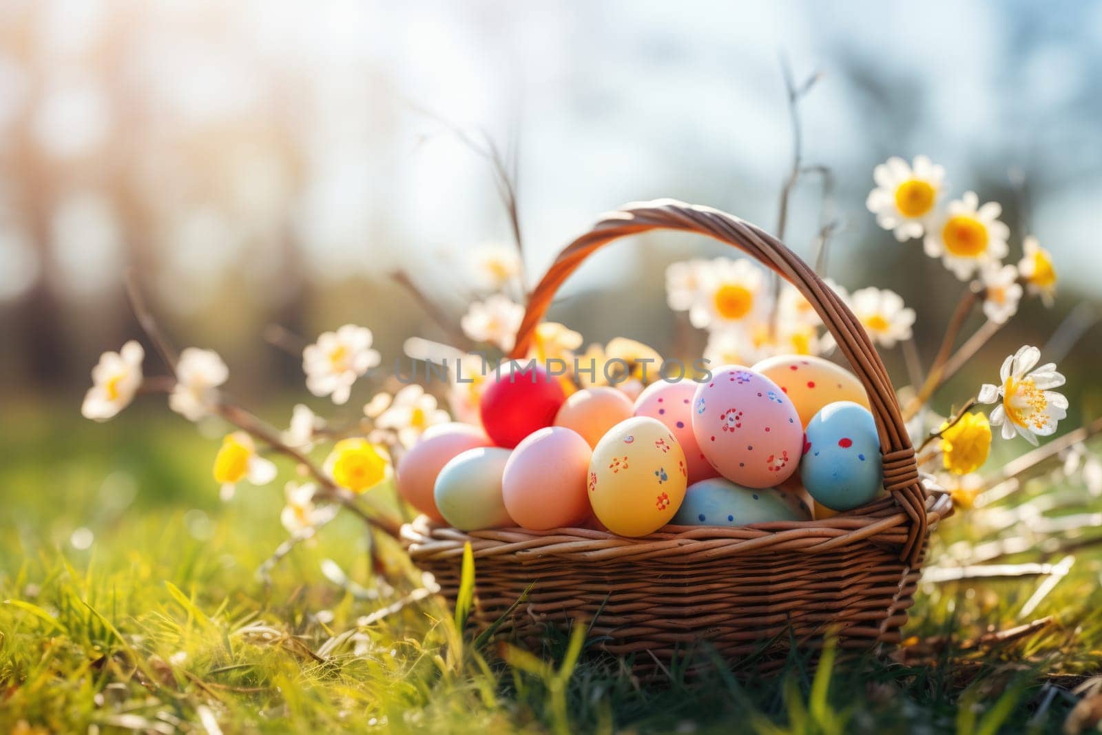 Basket of easter eggs on green grass at sunny day. ai generated