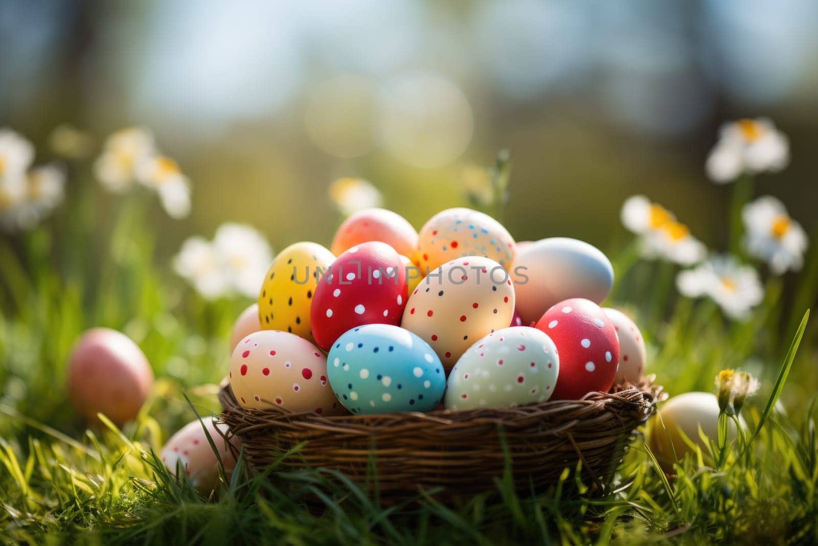 Basket of easter eggs on green grass at sunny day. ai generated