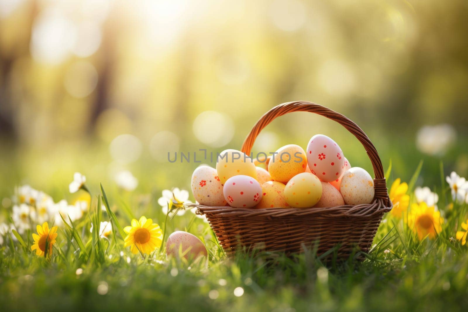 Basket of easter eggs on green grass at sunny day. ai generated