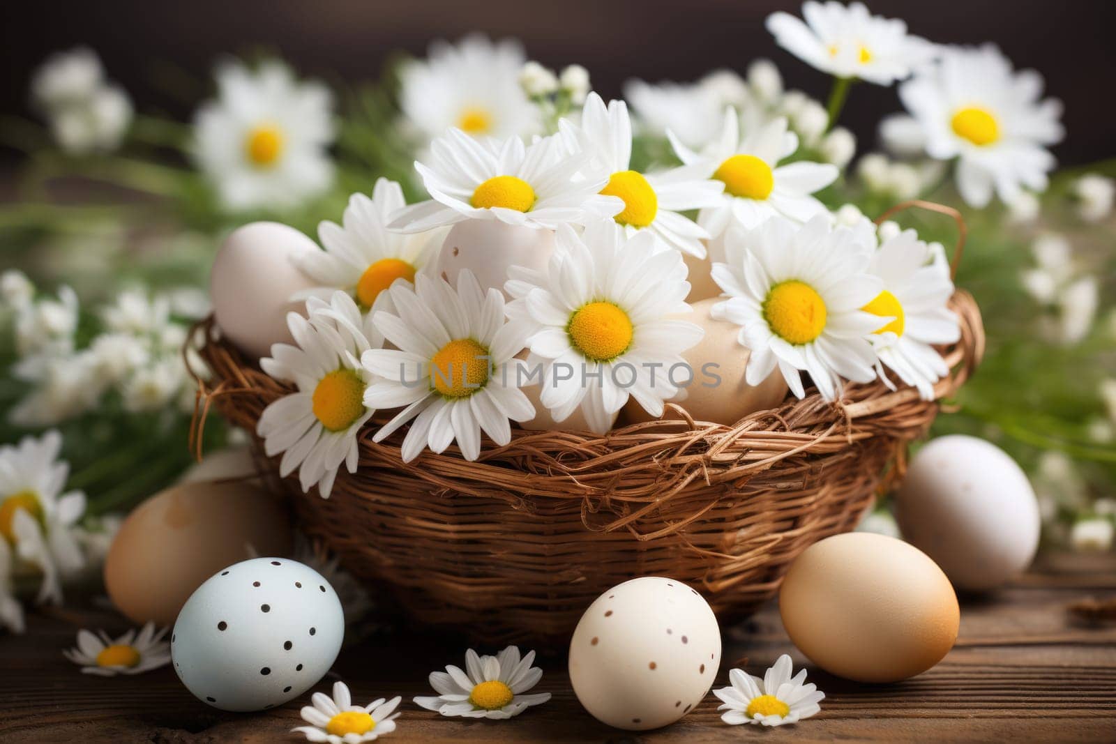 Basket of easter eggs on green grass with chamomile flowers at sunny day. ai generated