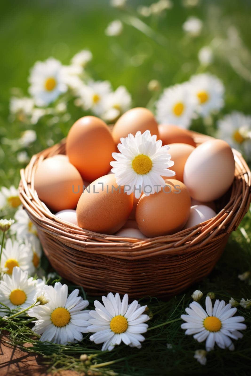 Basket of easter eggs on green grass with chamomile flowers at sunny day. ai generated