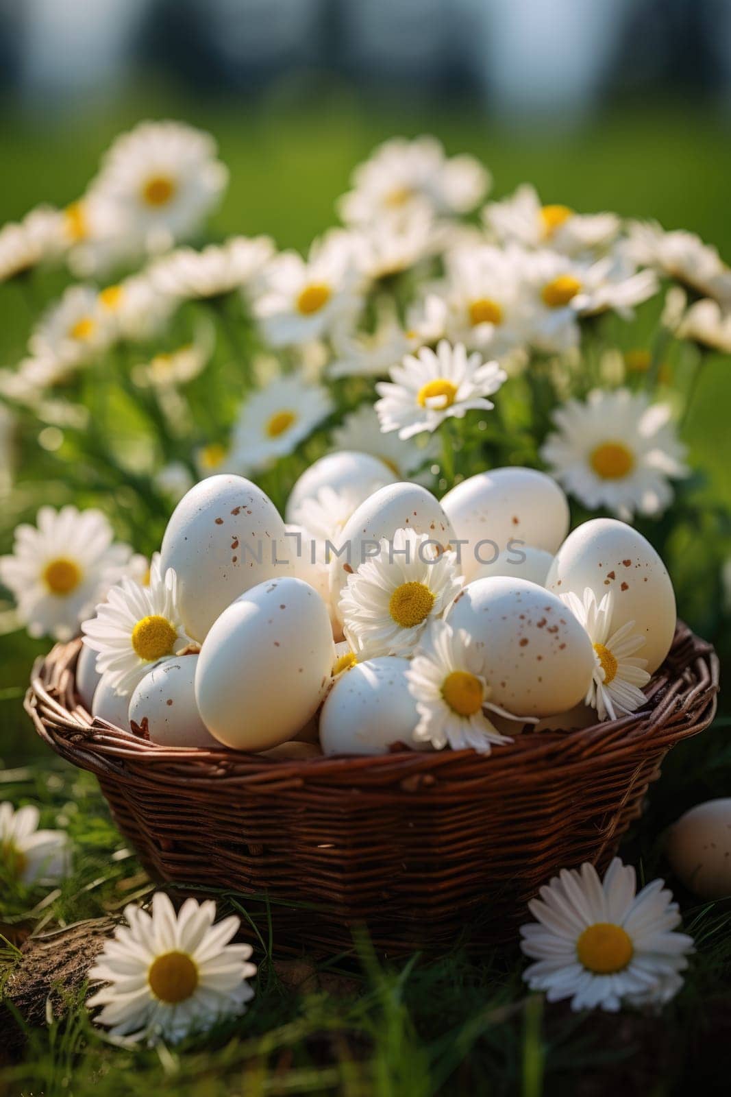 Basket of easter eggs on green grass with chamomile flowers at sunny day. ai generated