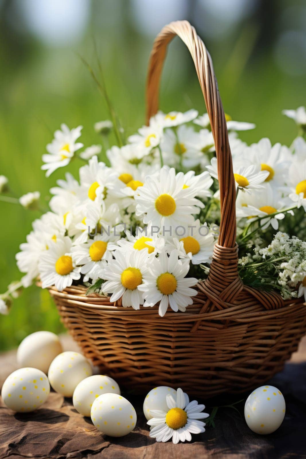 Basket of easter eggs on green grass with chamomile flowers at sunny day. ai generated