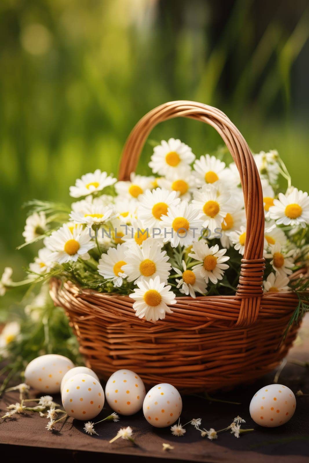 Basket of easter eggs on green grass with chamomile flowers at sunny day. ai generated